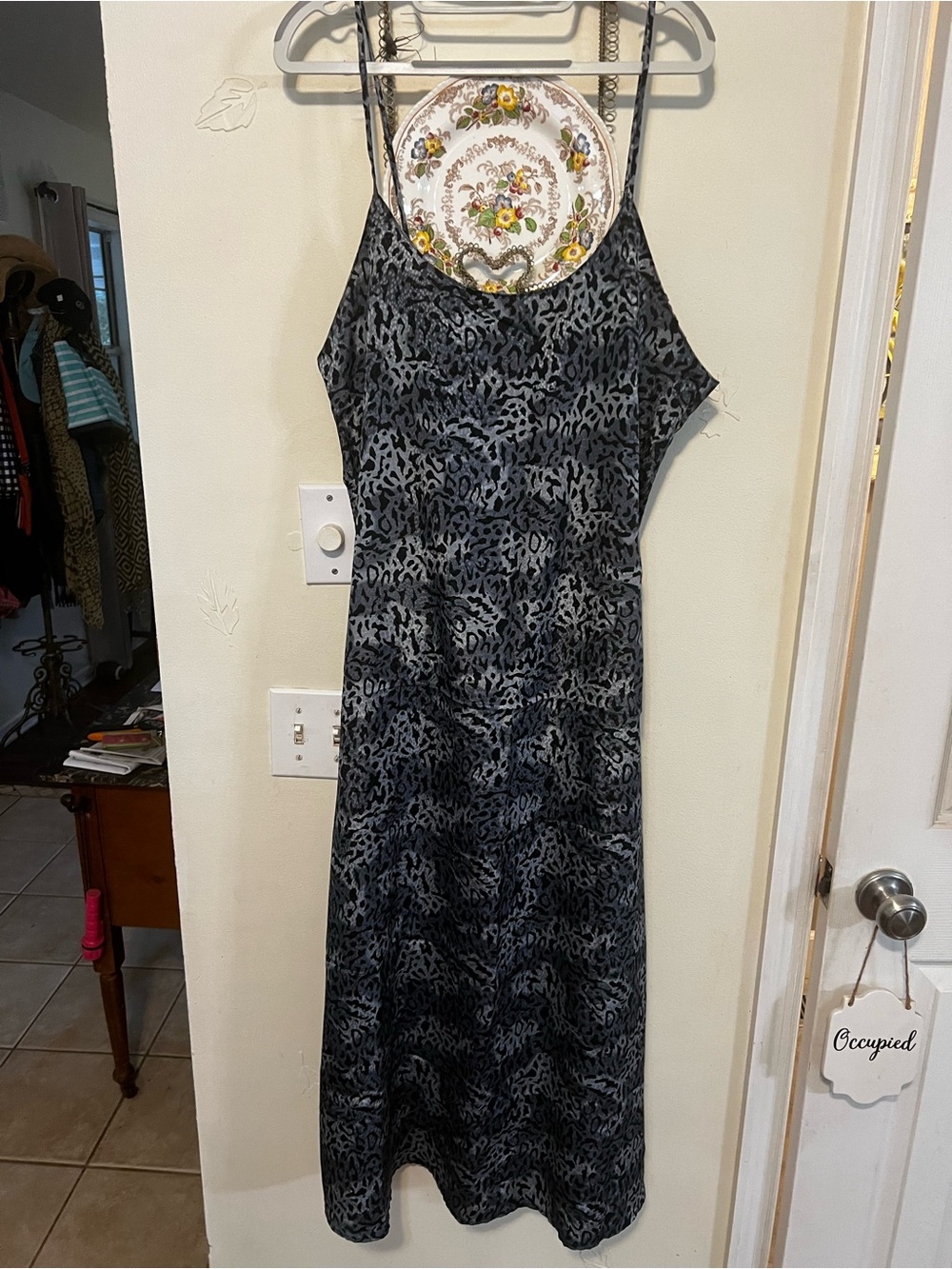 Halston Heritage Black and Gray Leopard-Print Slip Maxi Dress